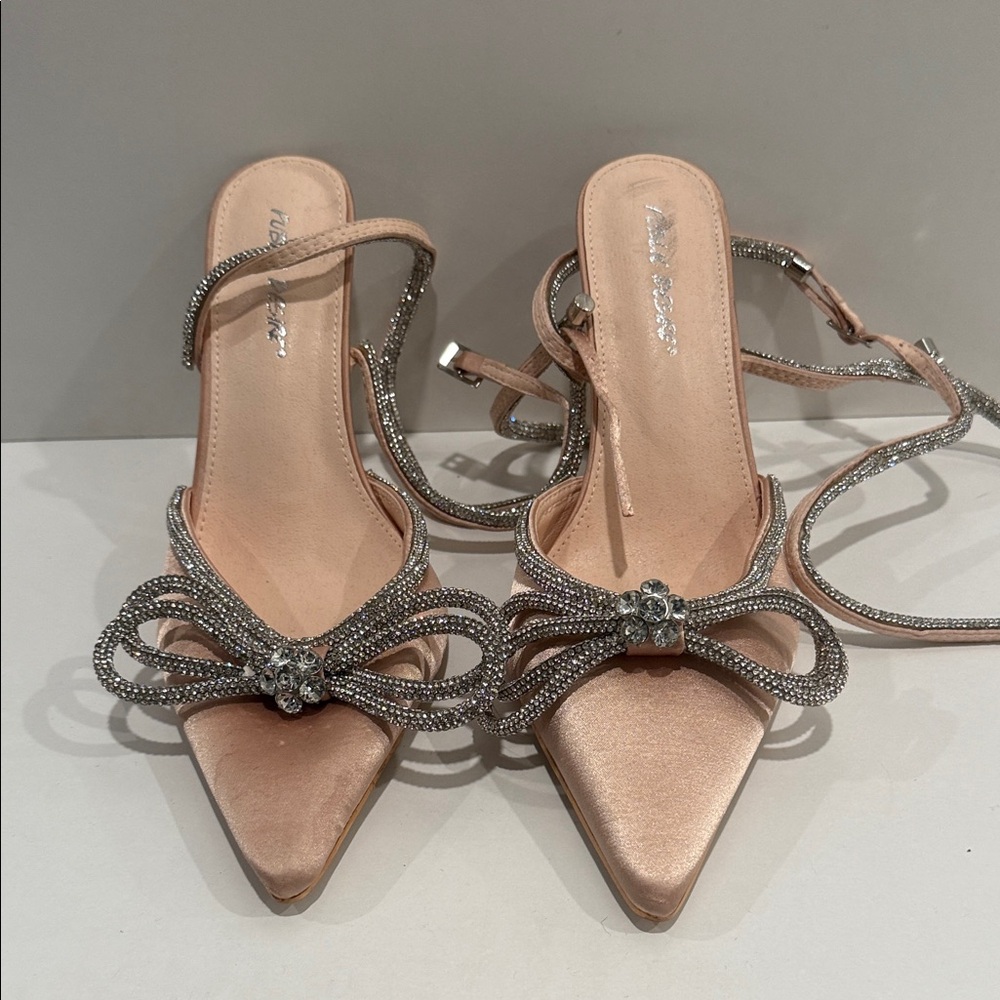 Public Desire Satin Heels with Rhinestone Bow